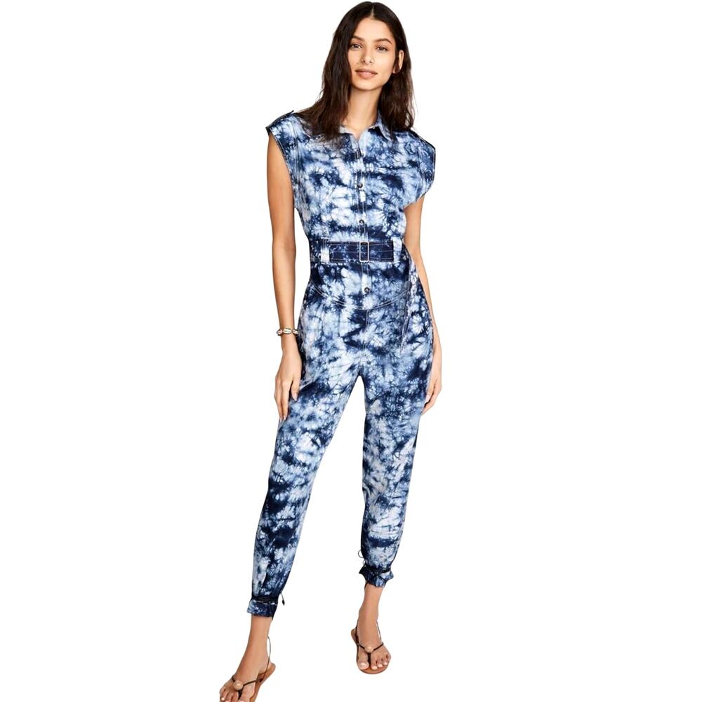 La Vie Rebecca Taylor Tie Dye Utility Jumpsuit Belted Blue White Cotton XS